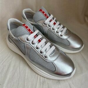 PRADA Women’s America’s Cup Sneakers Leather & Mesh in Silver sz IT 39 / US 9